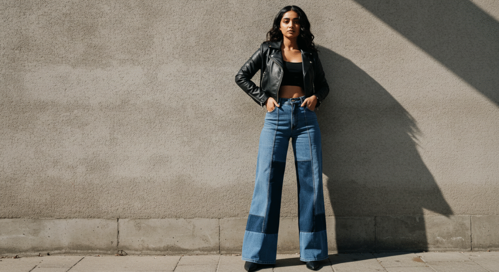Patchwork Denim Jeans: How to Style and Why They’re Making a Major Comeback 2025 5 Wide Leg Patchwork Denim Editorial Wall Pose