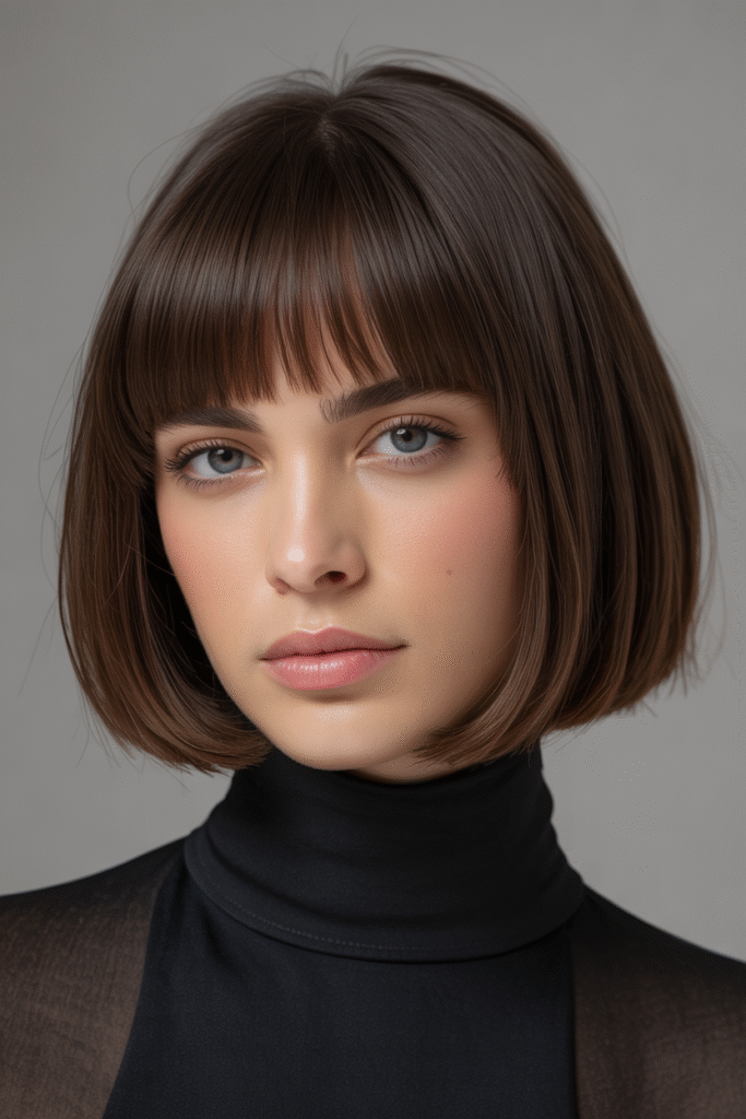 13 Stunning Bob Haircuts with Curtain Bangs for Every Face Shape 4 Blunt Bob with Feathered Curtain Bangs