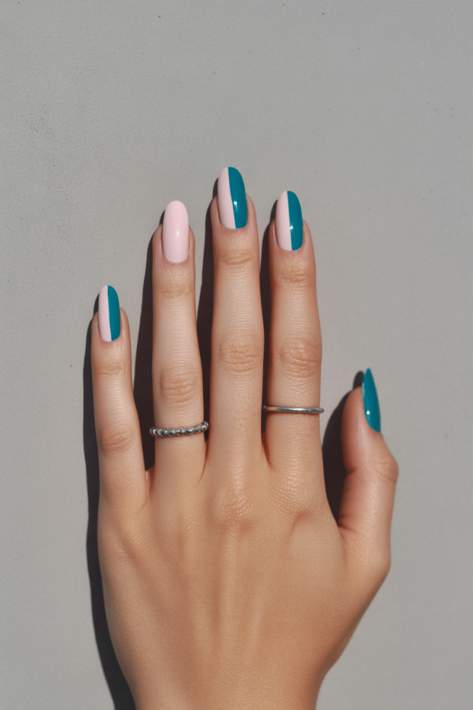 14 Gorgeous Pink and Teal Nail Designs Ideas for Every Occasion 6 Sharp Color Block Nails