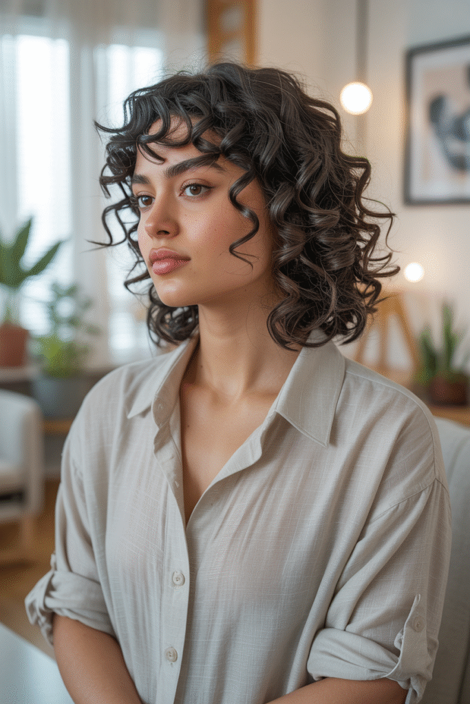12 Butterfly Haircut Ideas with Curtain Bangs (2025) 8 The Curly Mid Length Butterfly