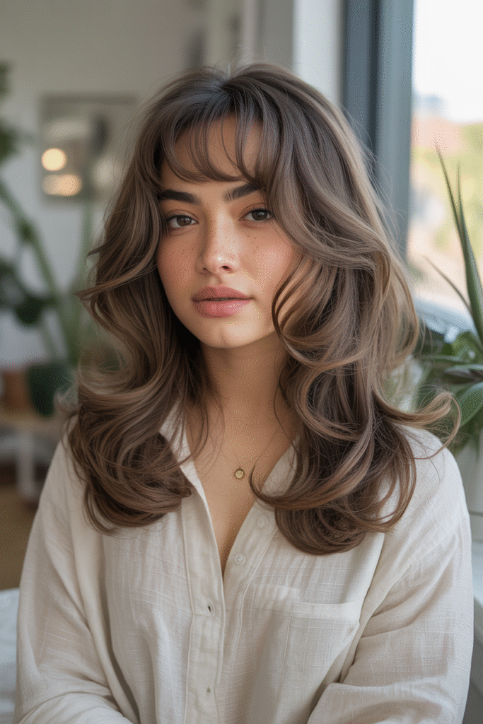10 Long Layers with Curtain Bangs for a Fresh Look 5 The Wavy and Romantic Cut