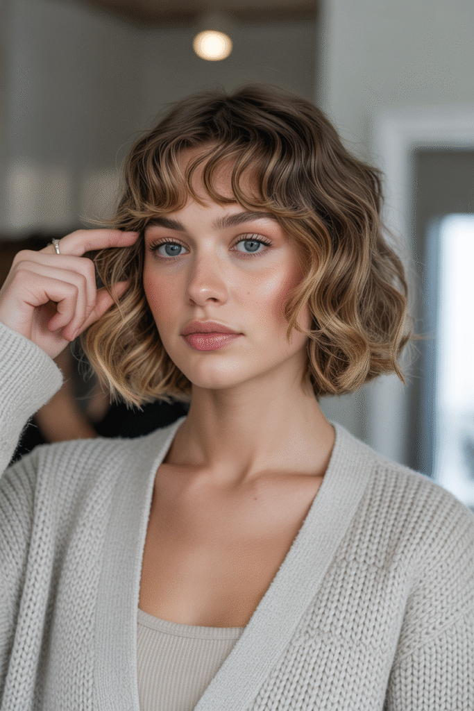 13 Stunning Bob Haircuts with Curtain Bangs for Every Face Shape 9 Wavy Bob with Curtain Bangs